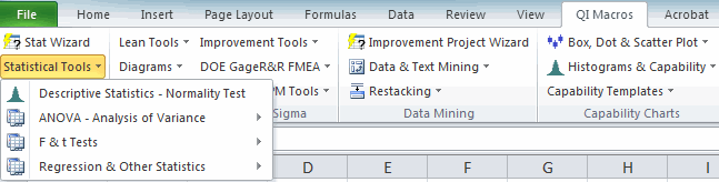 QI Macros f and t test menu in Excel