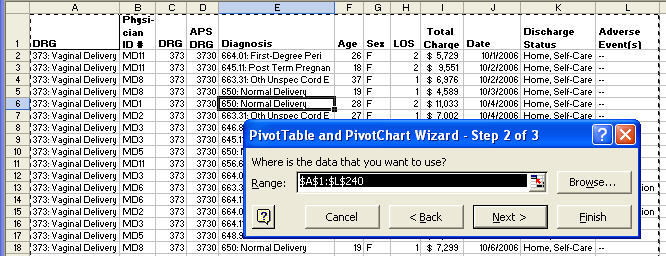 pivot table select data range in Excel