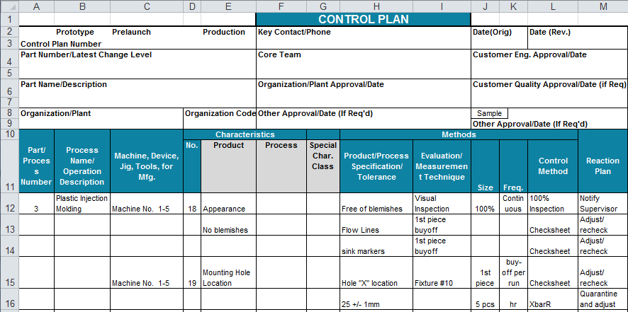 Control Plan template for Excel