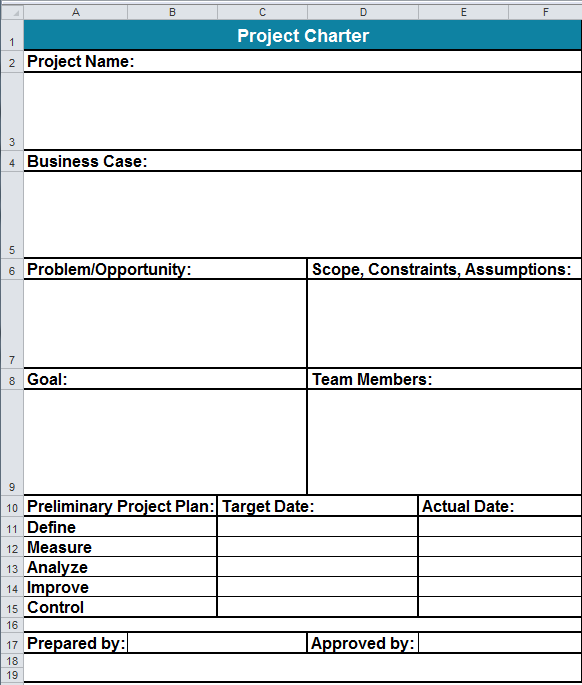 Six Sigma Project Charter Template in Excel