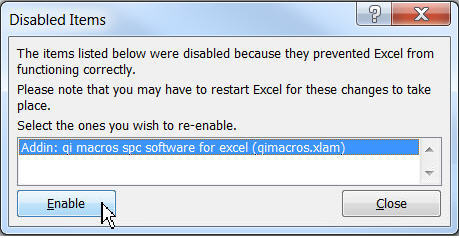 disabled Excel add-in