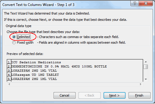 convert text to columns wizard delimited