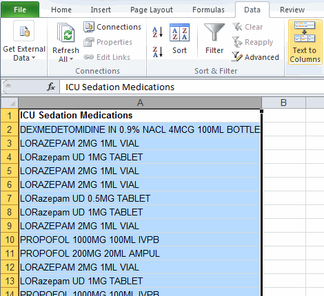 icu medication sample data in Excel