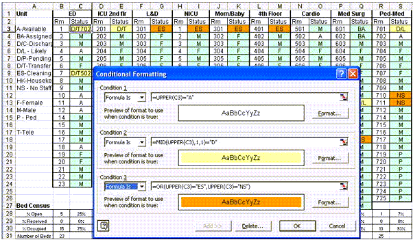 Conditional formatting window to create bed managment system in Excel