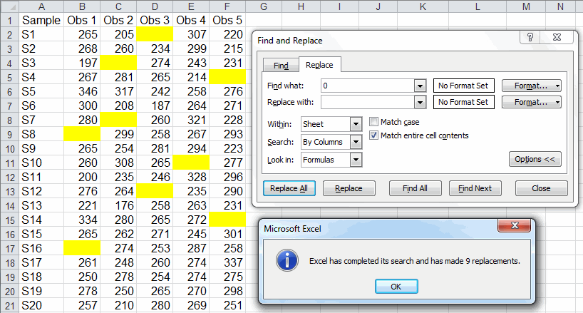 Replace zeros in Excel Worksheet example