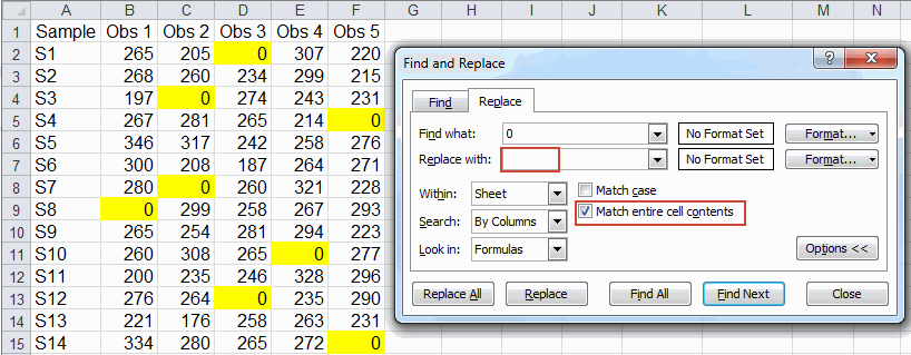 replace zeros in Excel