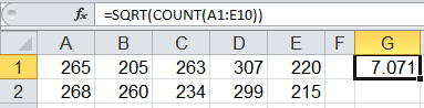 square root function in Excel