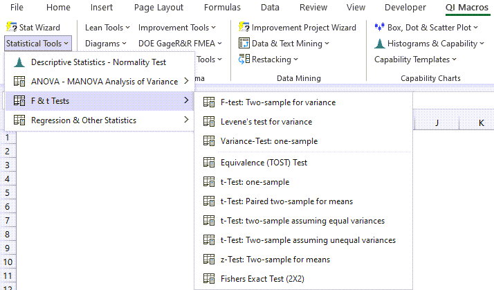 QI Macros f and t test menu in Excel