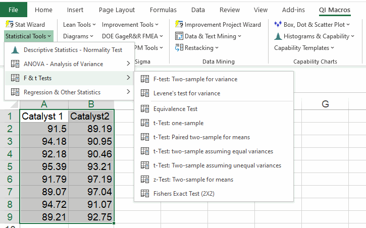 run a statistical test in Excel using QI Macros