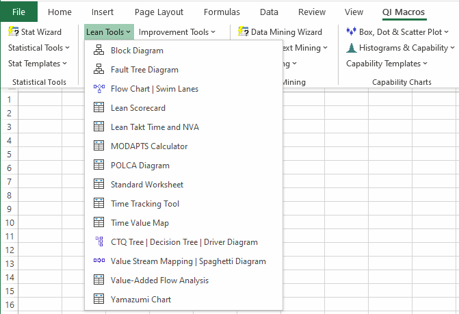 value stream map on QI Macros menu in Excel