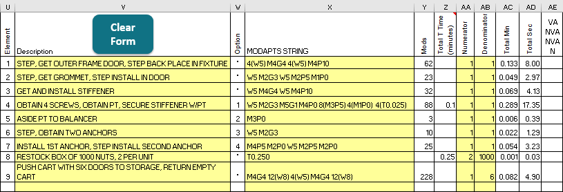 MODAPTS Coding in Excel