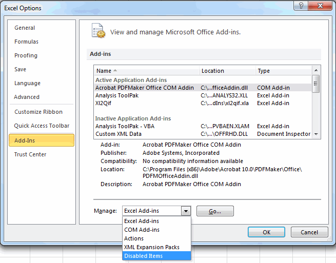 manage excel add-ins excel options